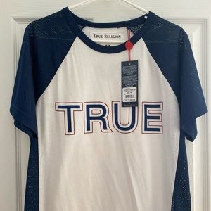 True Religion Short Sleeve Contrast Raglan Inset Tee, Back logo Small, NWT $89